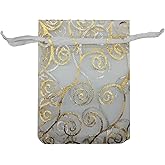 Ankirol 100pcs Sheer Organza Favor Bags For Wedding Baby Shower Rattan Print Gift Bags Samples Display Drawstring Pouches (3x4 inch, white)