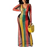 YouSexy Women's Sexy Swimsuit Maxi Dress Cover Up Long Sleeve Hollow Out Fishnet See Through Summer Beach Swimwear
