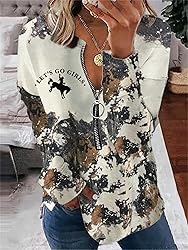 TIAFORD Women's Half Zip Cow Print Sweatshirt Long