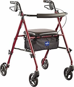 Medline Freedom Mobility Lightweight Folding Aluminum Rollator Walker with 6-inch Wheels, Adjustable Seat and Arms, Burgundy