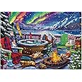 Northern Light Landscape Puzzle for Adults 1000 Pieces, Colorful Winter Dog Jigsaw Puzzle Scenery, Mountain Tree Cabin Snow Puzzle