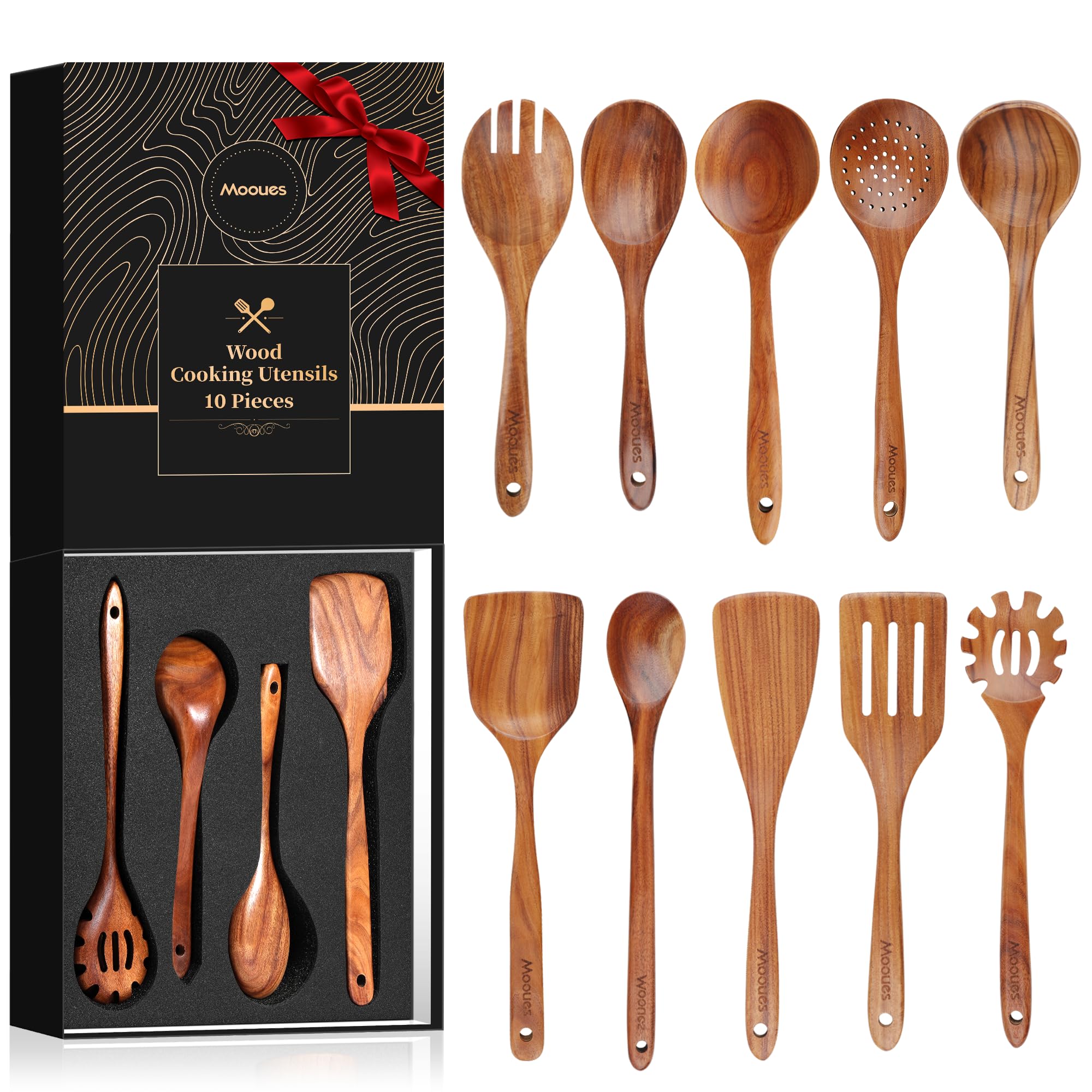 Mooues Wooden Spoons for Cooking, Wooden Utensils for Cooking Natural Teak Wooden Kitchen Utensils Set Comfort Grip (10 PCS SET) (10 PCS SET GIFT BOX) Image