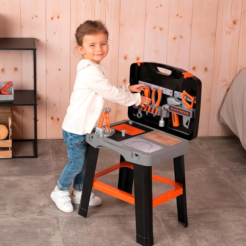 Smoby bancada de trabalho smoby black & decker em maleta, 33 acessórios para martelar, furar e aparafusar (7600360734)