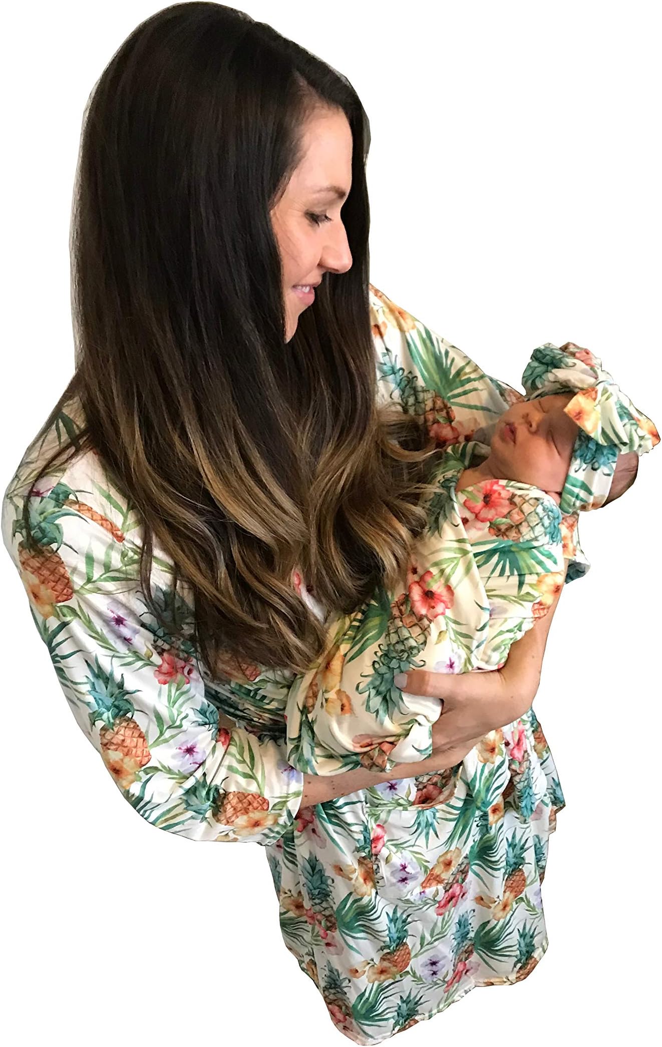 Mommy Robe with Matching Baby Swaddle Blanket and Bow - Pineapple (Large)