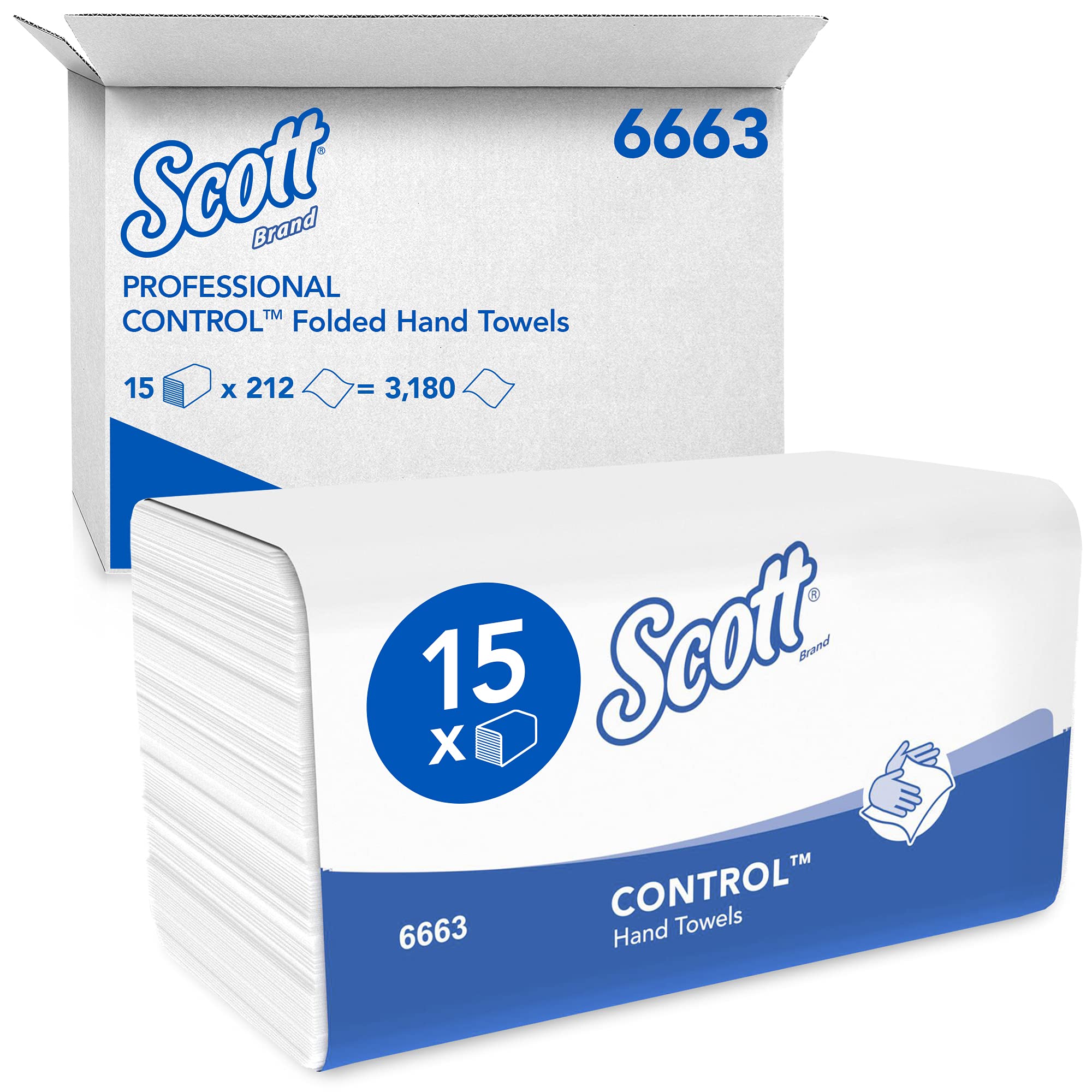 Scott Control Folded Paper Towels, V-Fold 1-Ply Towels, Superior Absorbency, Airflex Technology, FSC Certified, European Ecolabel, 15 Packs x 212 Sheets (3,180 Sheets Total), model nr. 6663
