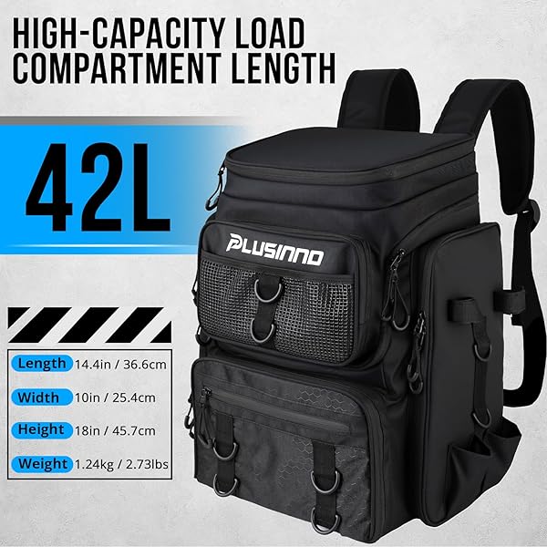 PLUSINNO FISHING BACKPACK WITH ROD HOLDERS,42L WATER-RESISTANT FISHING BAG STORE FISHING GEAR & TACKLE BOX, LARGE TACKLE BACKPACK, FISHING GIFTS FOR MEN.