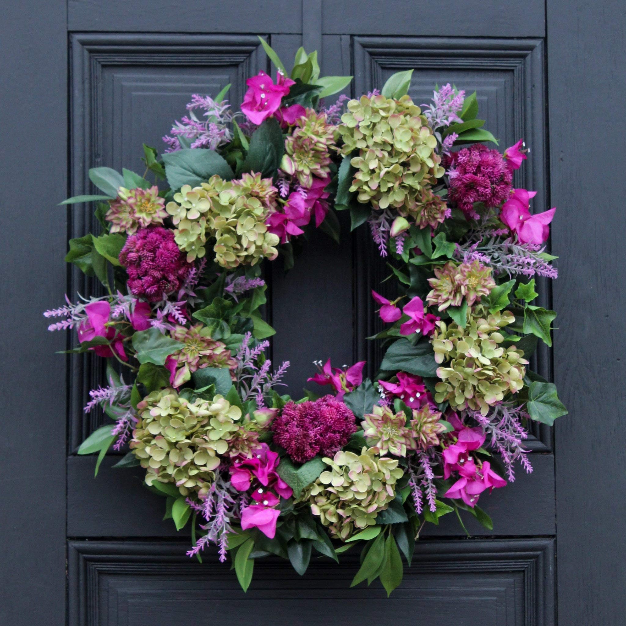 Magenta Bougainvillea, Purple Sedum & Green Hydrangea Spring Summer Front Door Wreath