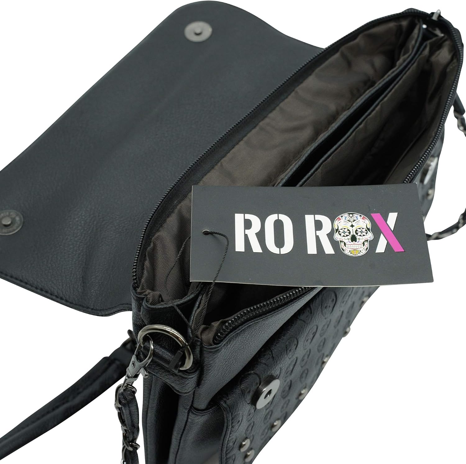 Ro Rox Women's Studded Skull Crossbody Shoulder Bag Punk Gothic Studs PU Handbag - Danica, Black - Image 5