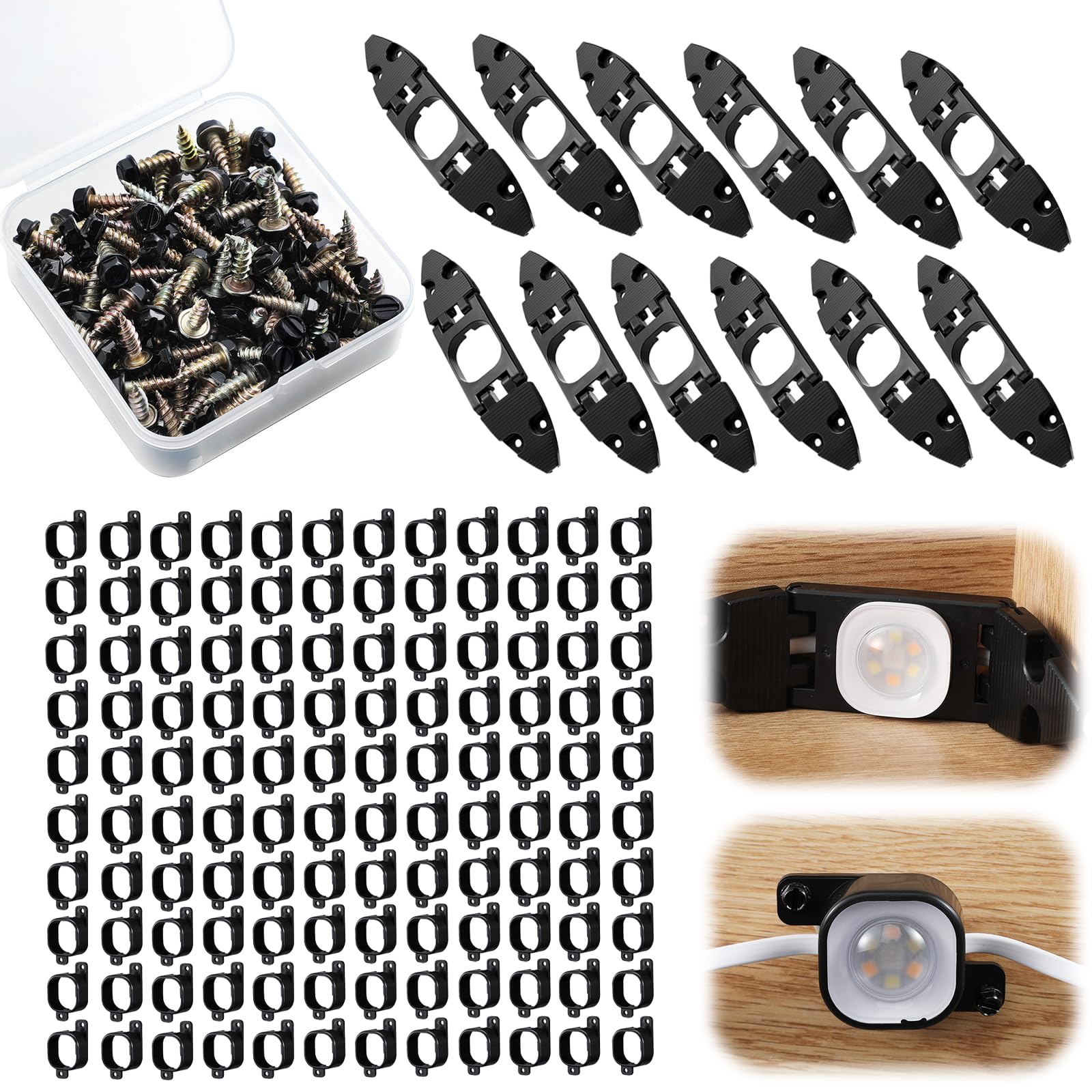 Photo 1 of Nuanchu 132 Pcs Light Clips Set Compatible with Govee Pro H706 H806, 120 Mounting Clips & 12 Gable Light Bracket with 300 Screws Compatible with Govee Pro Outdoor Lights 100ft (Black)