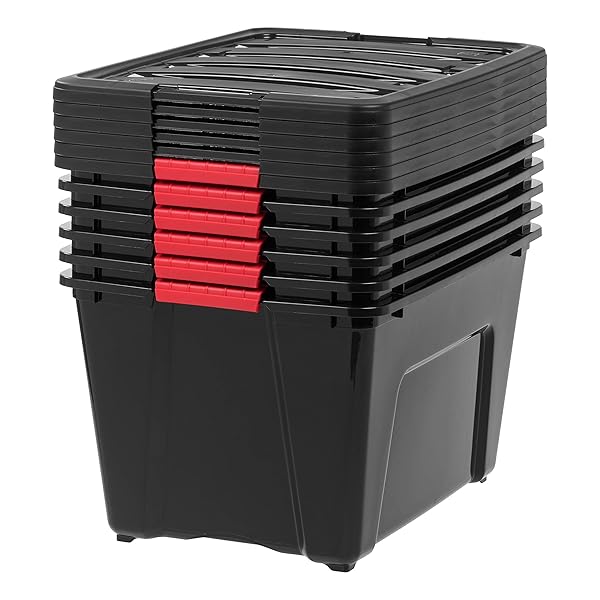 IRIS USA 54 QT PLASTIC STORAGE BOX WITH LID AND LATCHES – 6 PACK – BPA-FREE, GARAGE ORGANIZING SOLUTION, DURABLE NESTABLE STACKABLE CONTAINERS, SECURE PULL HANDLE – BLACK