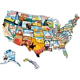 USA 50 States Map Fridge Magnets, Travel Souvenir Refrigerator Decor | US State Puzzle Magnets Form Full USA Map， Vibrant Landmark Art, Waterproof Soft Magnet.，Educational Travel Decor for Fridge