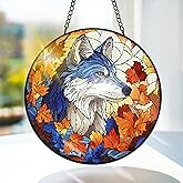 Bimkole Wolf Stained Glass Suncatcher Window Hanging - Animals Design for Indoor Window or Doorway Decoration - 7.87x7.87 inch with Chain and Hook - Unique Home Decor Gift