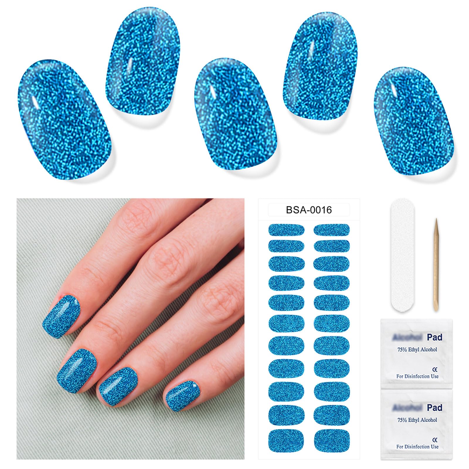 DUKASOU Semi-Cured Gel Nail Strips, 22 Pieces Real Nail Polish Stickers, Gel Nail Stickers, Decals, Long-Lasting Nail Polish Strips for Women and Girls(Sparkle Blue)