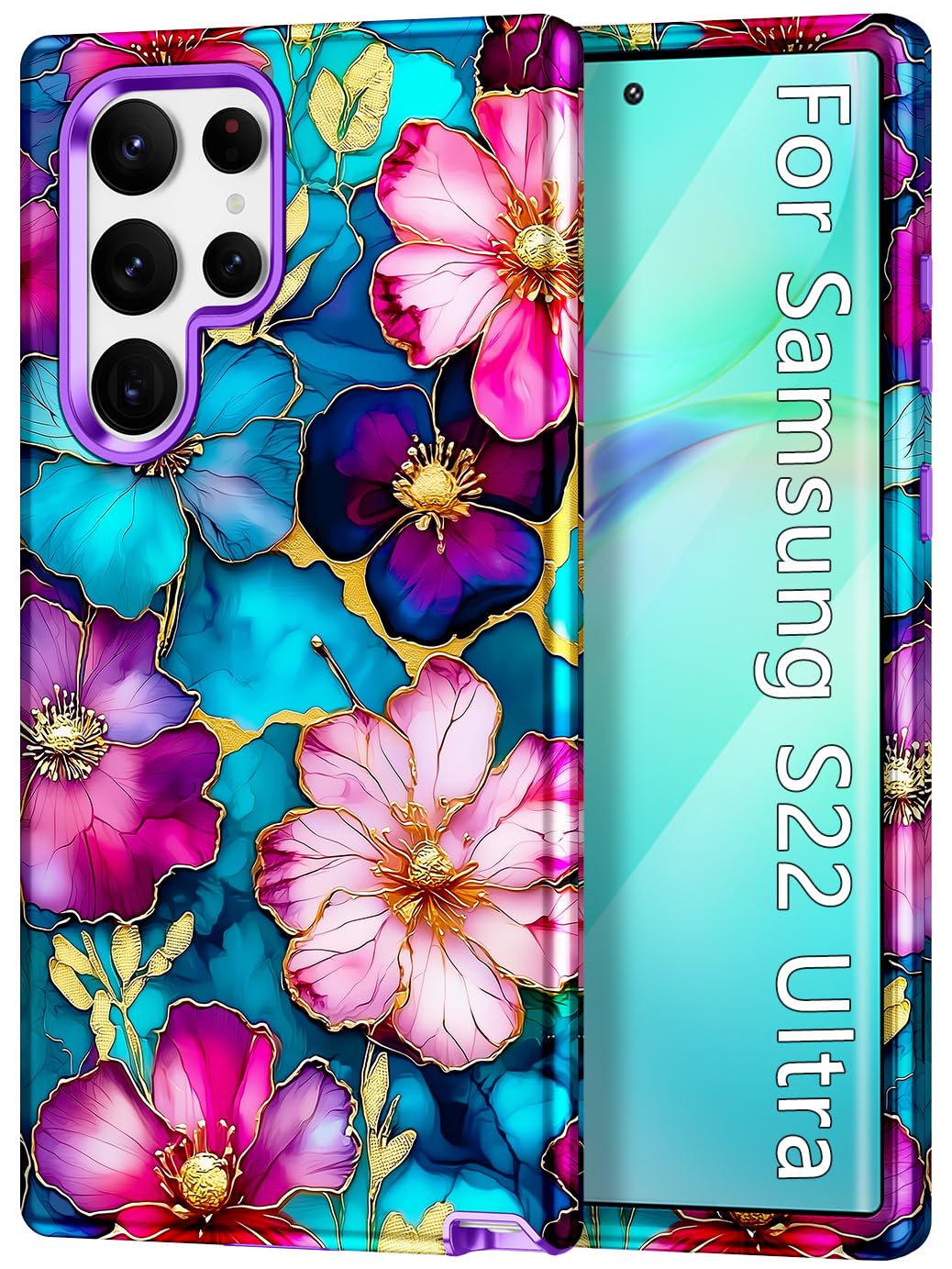 Btscase for Samsung Galaxy S22 Ultra 5G Case, Marble Pattern 3 in 1 Heavy Duty Shockproof Full Body Rugged Hard PC+Soft Silicone Drop Protective Women Girl Covers for Samsung S22 Ultra, Colorful