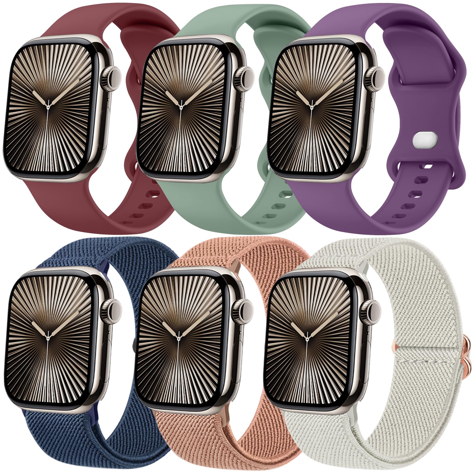 Photo 1 of *** 3 PACK TOP 3 COLORS PICTURED**** 6 Pack Bands for Apple Watch Bands for Women 46mm 44mm 42mm 45mm 49mm, Breathable Nylon Elastic and Silicone Sport Band for iWatch Bands for Men Series 10 9 8 7 6 5 4 3 SE Ultra, A16