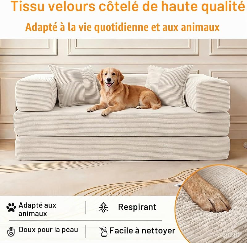 200cm 5 en 1 Canapé Compressé, Fabriqué en Velours Côtelé de Haute Qualité avec Forme de Mémoire Haute Densité Versatile Canapé Convertible 3 Places pour Pièce Compacte, Blanc