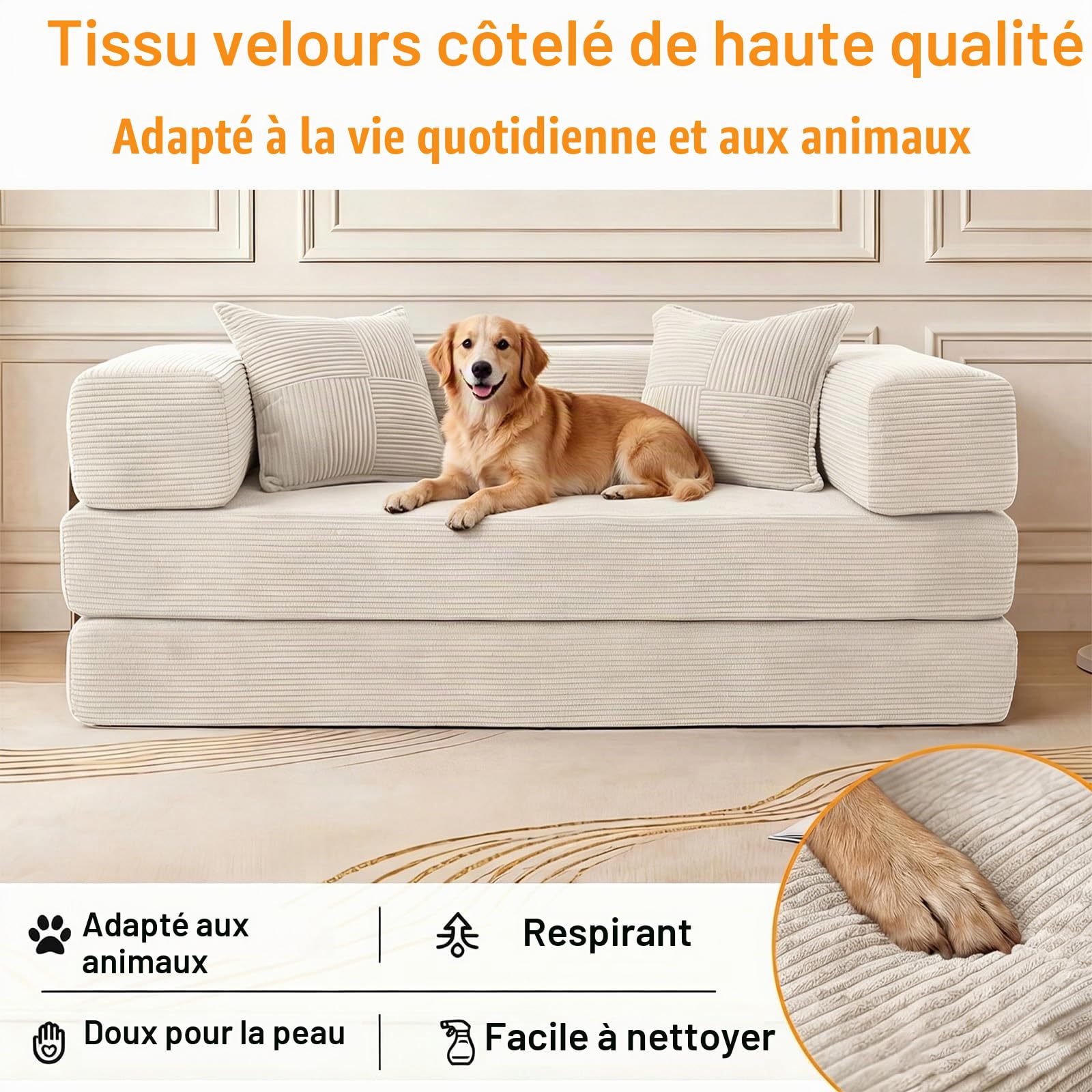 200cm 5 en 1 Canapé Compressé, Fabriqué en Velours Côtelé de Haute Qualité avec Forme de Mémoire Haute Densité Versatile Canapé Convertible 3 Places pour Pièce Compacte, Blanc