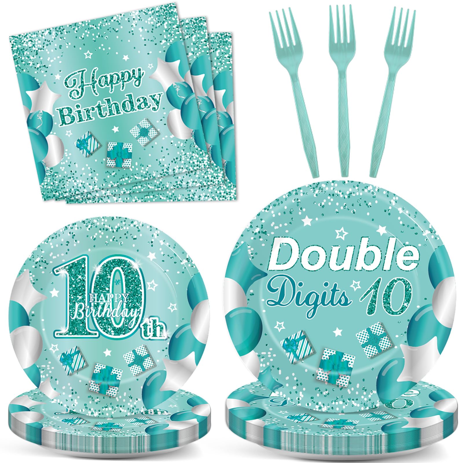 Photo 1 of 100pcs 10th Birthday Green Silver Party Tableware Set Double Digits Birthday Disposable Paper Decorations Supplies 10 Years Old Birthday Dinner Dessert Plates and Napkins Forks for 25 Guests