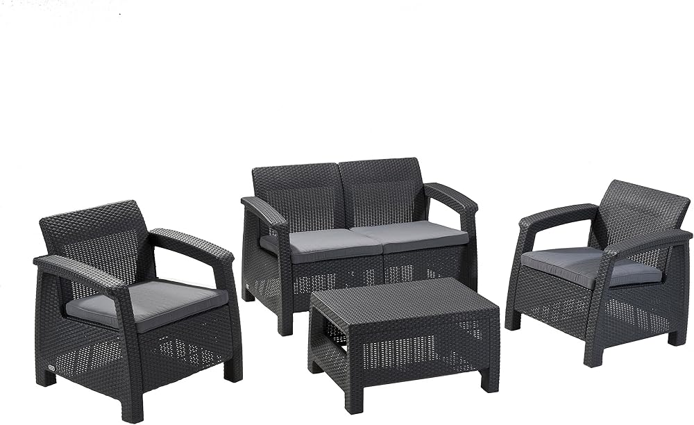 Keter Corfu Outdoor 4 Seater Rattan Sofa Set Graphite Cream Cushions