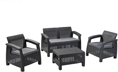 Keter Corfu Outdoor 4 Seater Rattan Sofa Set Graphite Cream Cushions