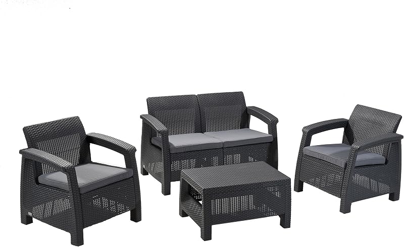 Keter Corfu Outdoor 4 Seater Rattan Sofa Set Graphite Cream Cushions