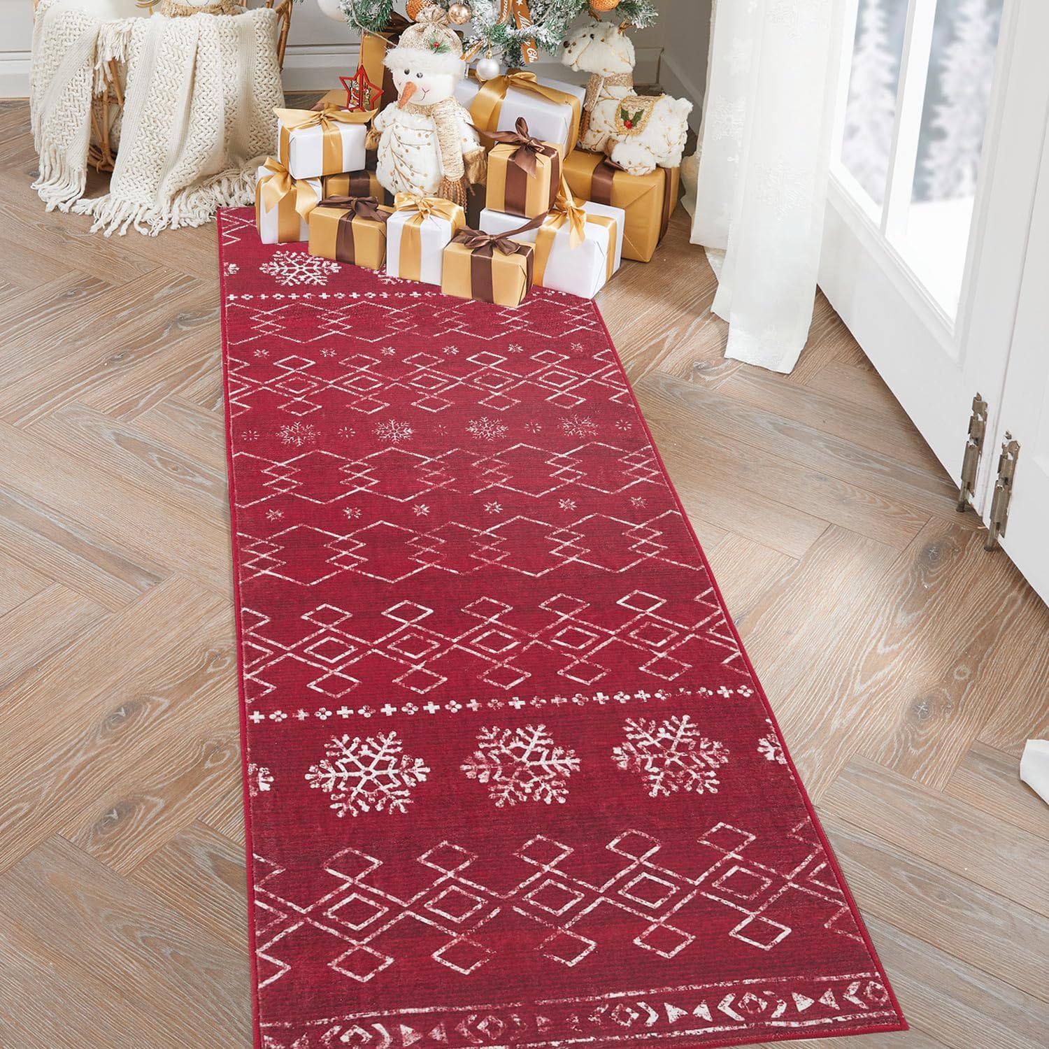 Rugs, Pads & Protectors - jinchan Christmas Runner Rug 2x10 Hallway Rug Snowflake Runner Modern Kitchen Rug Washable Rug Non Slip Xmas Red Geometric Accent Rug Soft Thin Carpet for Bedroom Bathroom Laundry Room Living Room