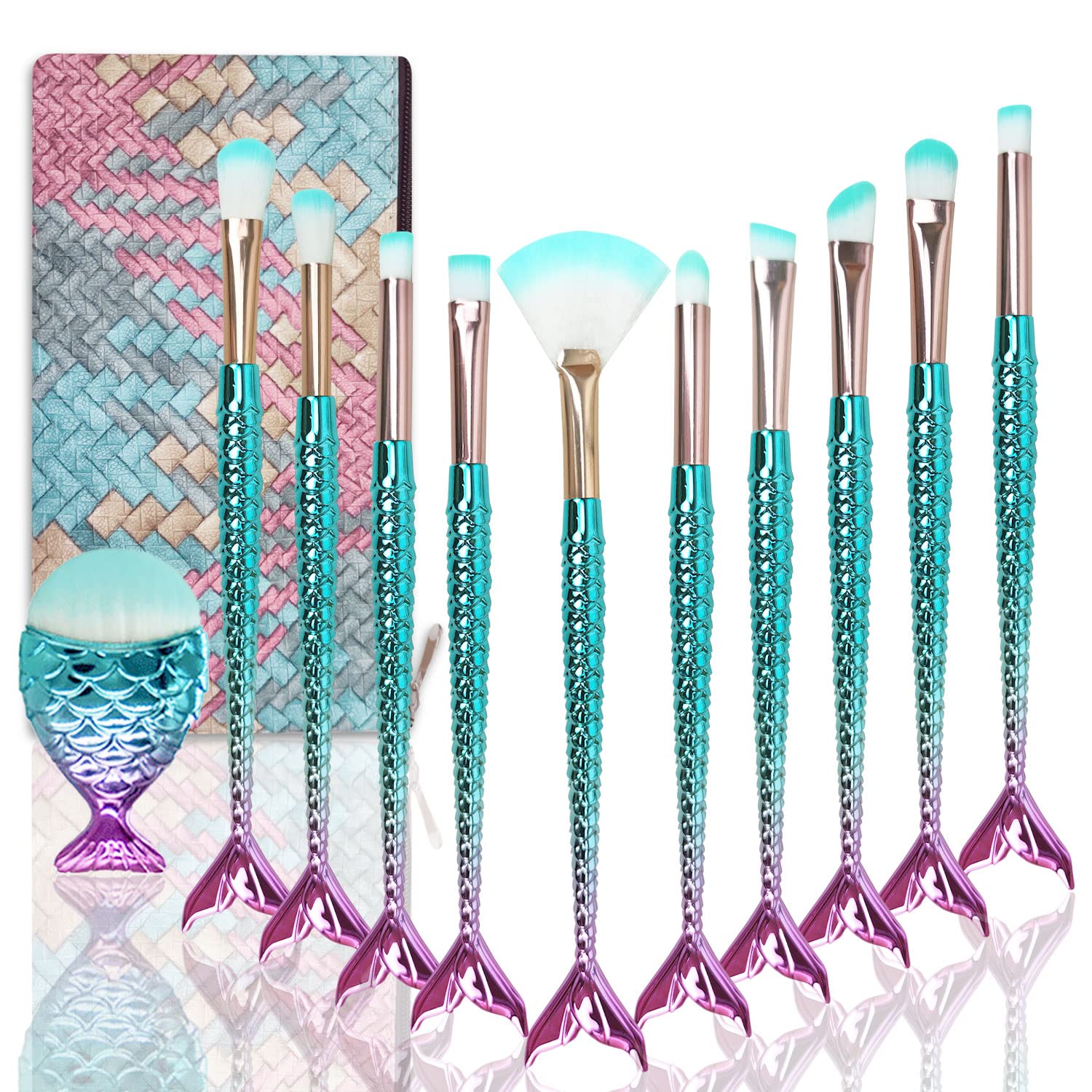 Mermaid Makeup Brushes Set,Citicolor Chubby Fish Foundation Brush Soft Nylon Bristles Beauty Make Up Kits (Mermaid 11PCS)