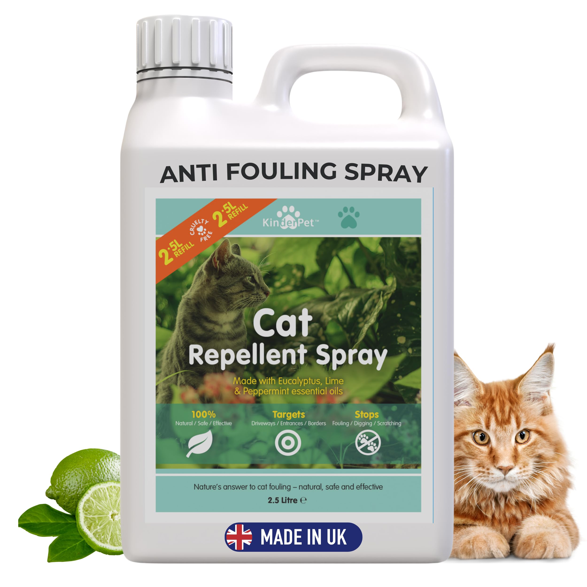KinderPet® Cat Repellent Stop Cats Big Value 2.5L Refill Anti Fouling Natural Cat Deterrent Stop Fouling Pooping Peeing Urinating Scratching Eucalyptus Lime Peppermint