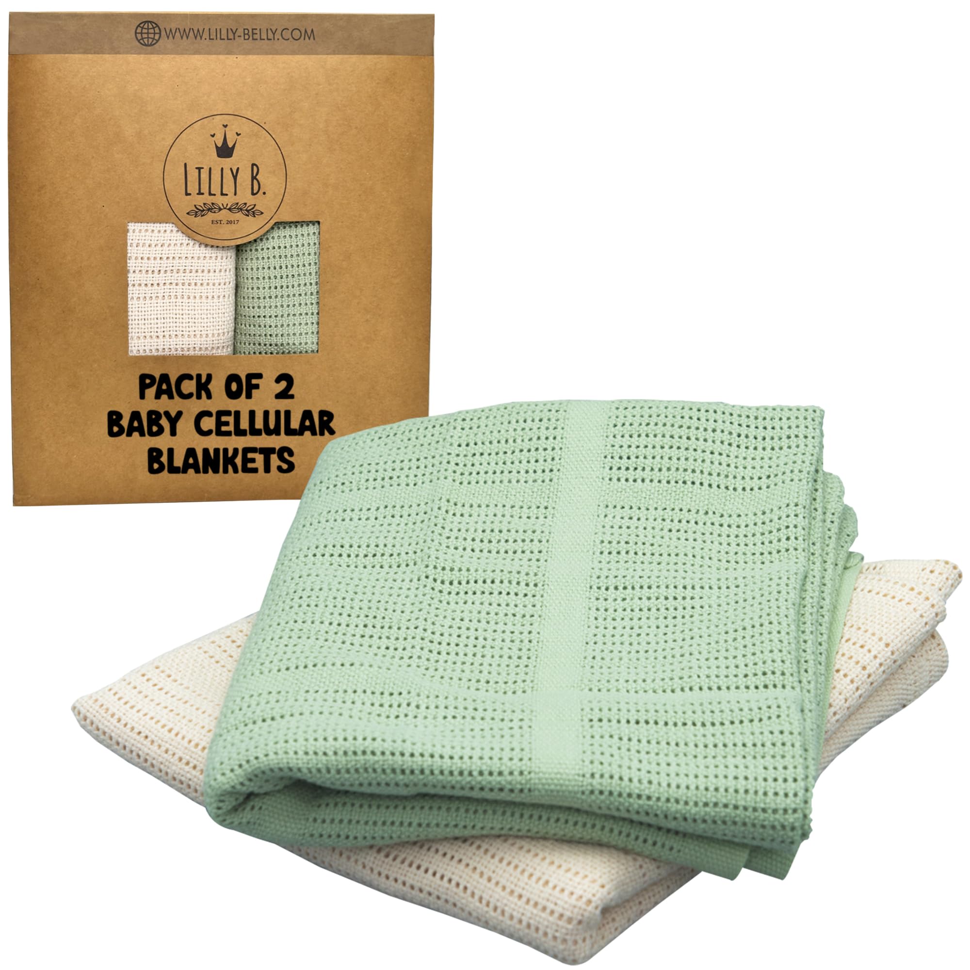 Lilly Belly- Cellular Blankets Baby | 100% Pure Organic Cotton | Baby Blanket - 70 x 90 cm | Warm & Cosy Baby Blankets | Baby Blanket for Newborn | Perfect for Pram/Travel/Moses Baskets (Green/Ivory)