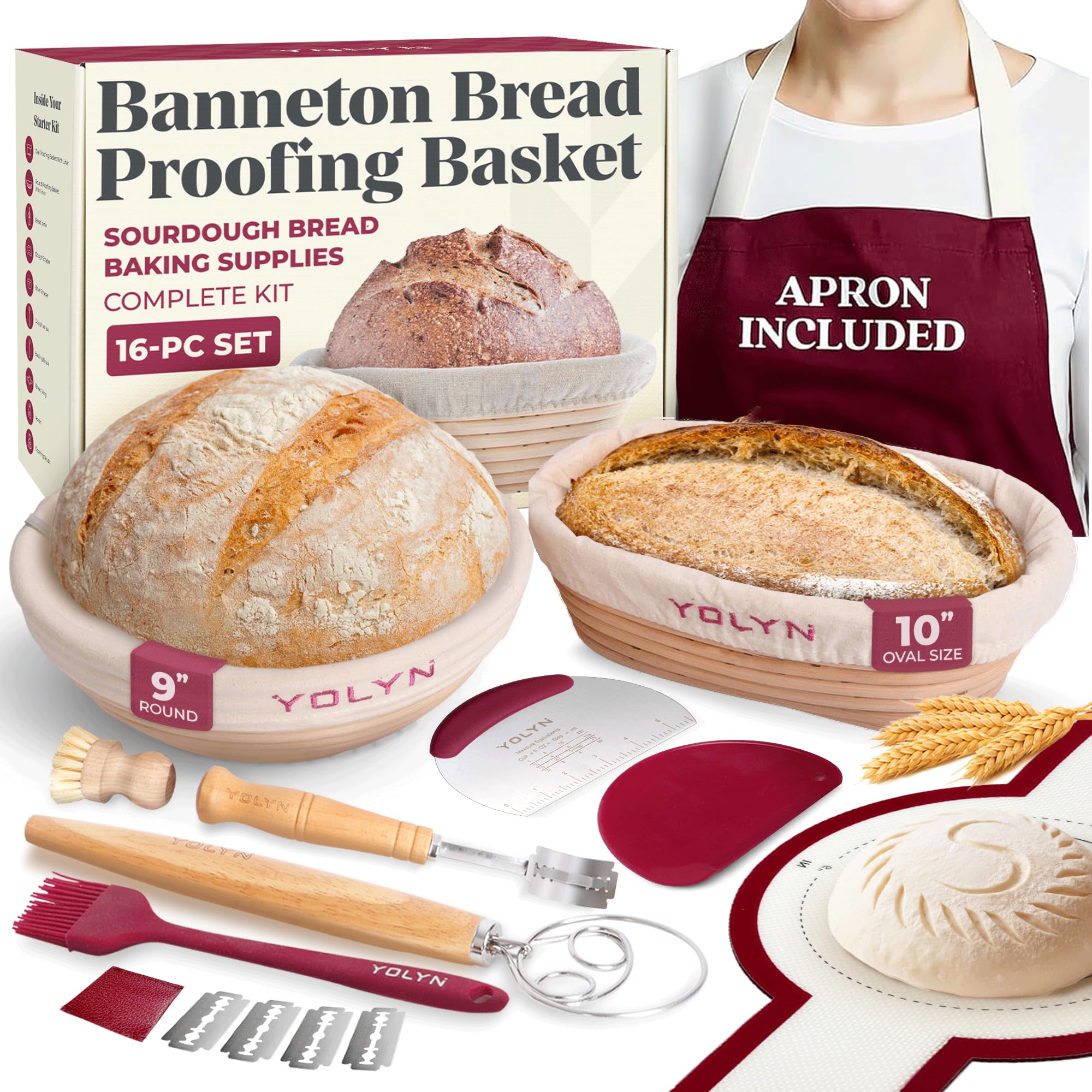 Photo 1 of Sourdough Bread Baking Supplies with 2 Banneton Bread Proofing Basket Sizes - 16 Piece Sourdough Starter Kit Including Dough Whisk, Scraper, Lame, Apron for Artisan Bread Making