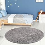 THE RUGS Grey Shaggy Round Rug 120 cm Soft Easy to Clean 30 mm Thick