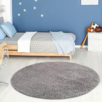 THE RUGS Grey Shaggy Round Rug 120 cm Soft Easy to Clean 30 mm Thick