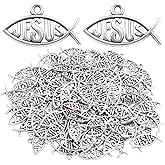 JMKTOOL 100pcs Antique Silver Jesus Fish Charms Tibetan Alloy Christian Fish Shaped Pendants Vintage Jesus Religious Dangle Charms for DIY Bracelet Necklace Jewelry Making Supplies