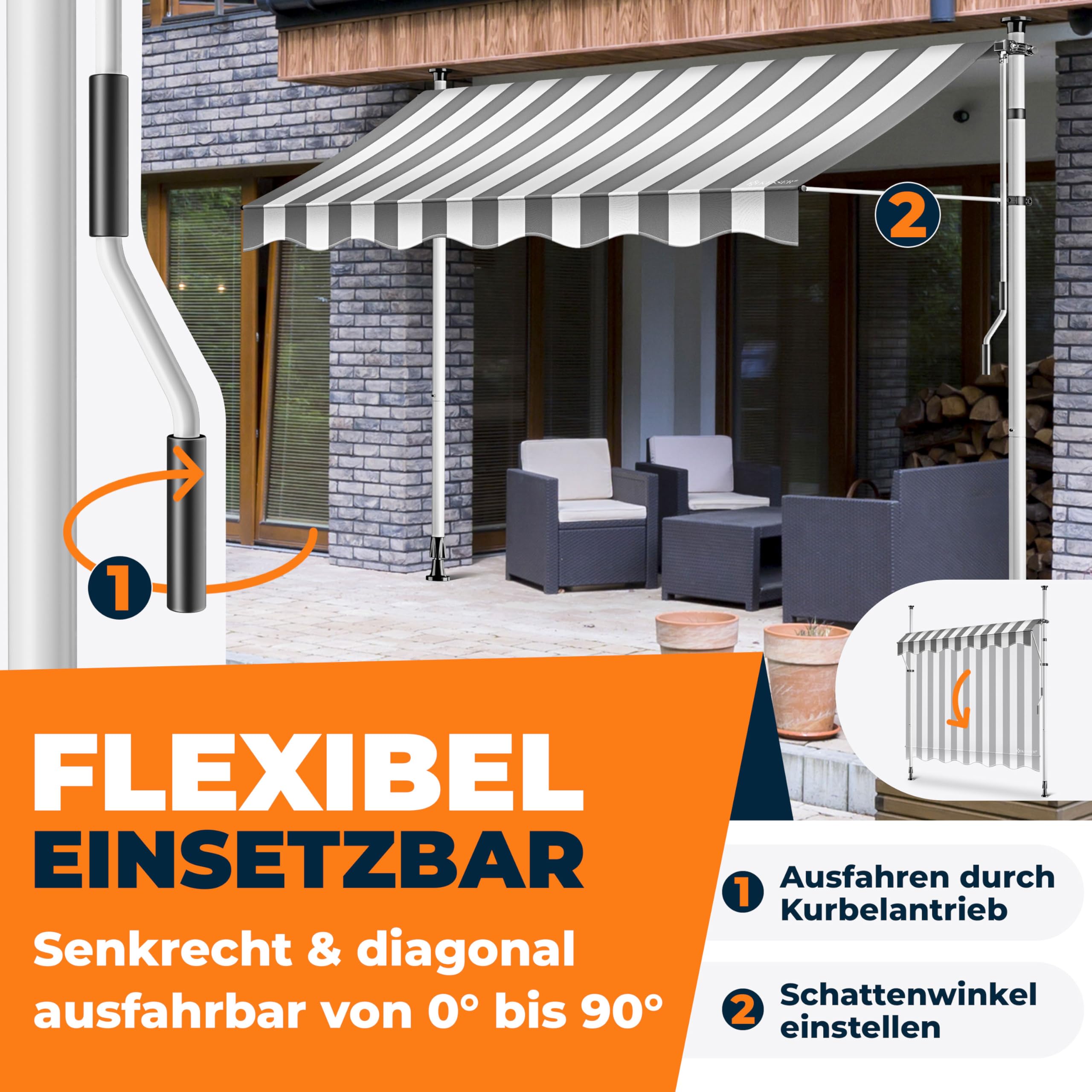 KESSER® Klemmmarkise mit Handkurbel Balkon | Balkonmarkise ohne Bohren | Markise UV-beständig höhenverstellbar & wasserabweisend | Sonnenschutz für Balkon Terrasse & Garten, Terrassenüberdachung 150cm 2