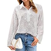 JJDreams Womens Crochet Eyelet Blouse Button Down Long Sleeve Top Floral Embroidery Hollow Out Casual Dressy Shirt