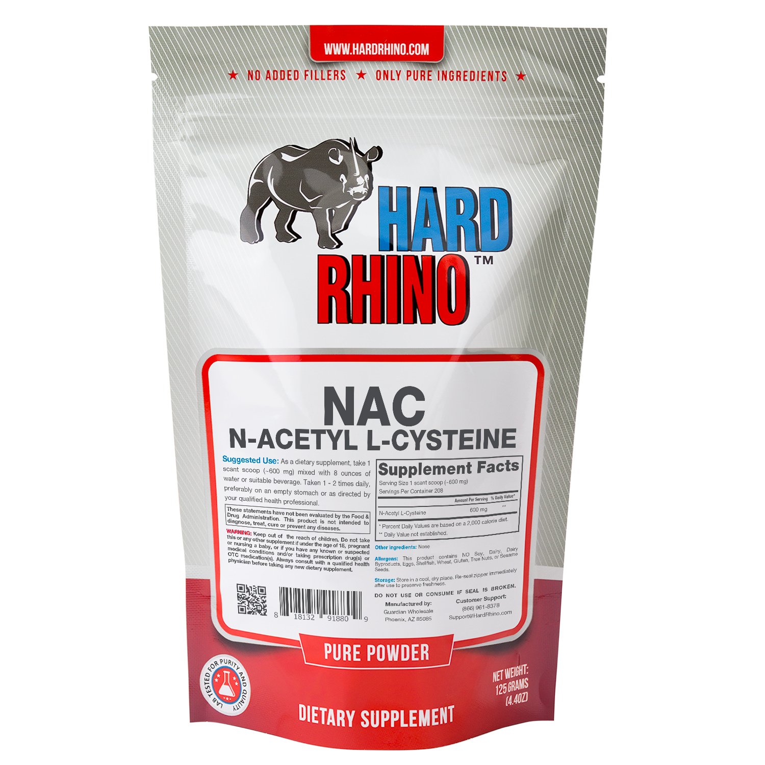 Hard Rhino NAcetyl LCysteine (NAC) Powder, 250 Grams (8.8 Oz