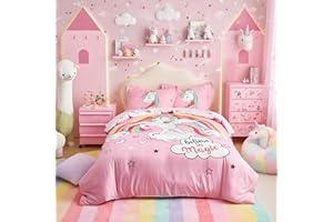 UOZZI BEDDING Unicorn Duvet Cover Set Twin 3 Piece (1 Pink Girls Duvet Cover + 2 Pillow Shams) with Cute Magical Unicorns Rainbow - 800 TC Comforter Cover with Zipper Closure, 4 Corner Ties for Little Princess