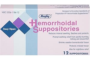 RUGBY LABORATORIES Rugby Hemorrhoidal Suppositories - Soothing and Shrinking Action for Internal Hemorrhoids with Cocoa Butter and Phenylephrine HCl, Easy Open Design - 12 Count