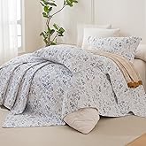Lady Ann Oversized King Quilt Bedspreads 128x120,Cotton Blue and White Floral & Leaves Pattern California King Size Quilt Bedding Set Extra Large Lightweight Quilted Bedding Coverlet Set 3Pcs