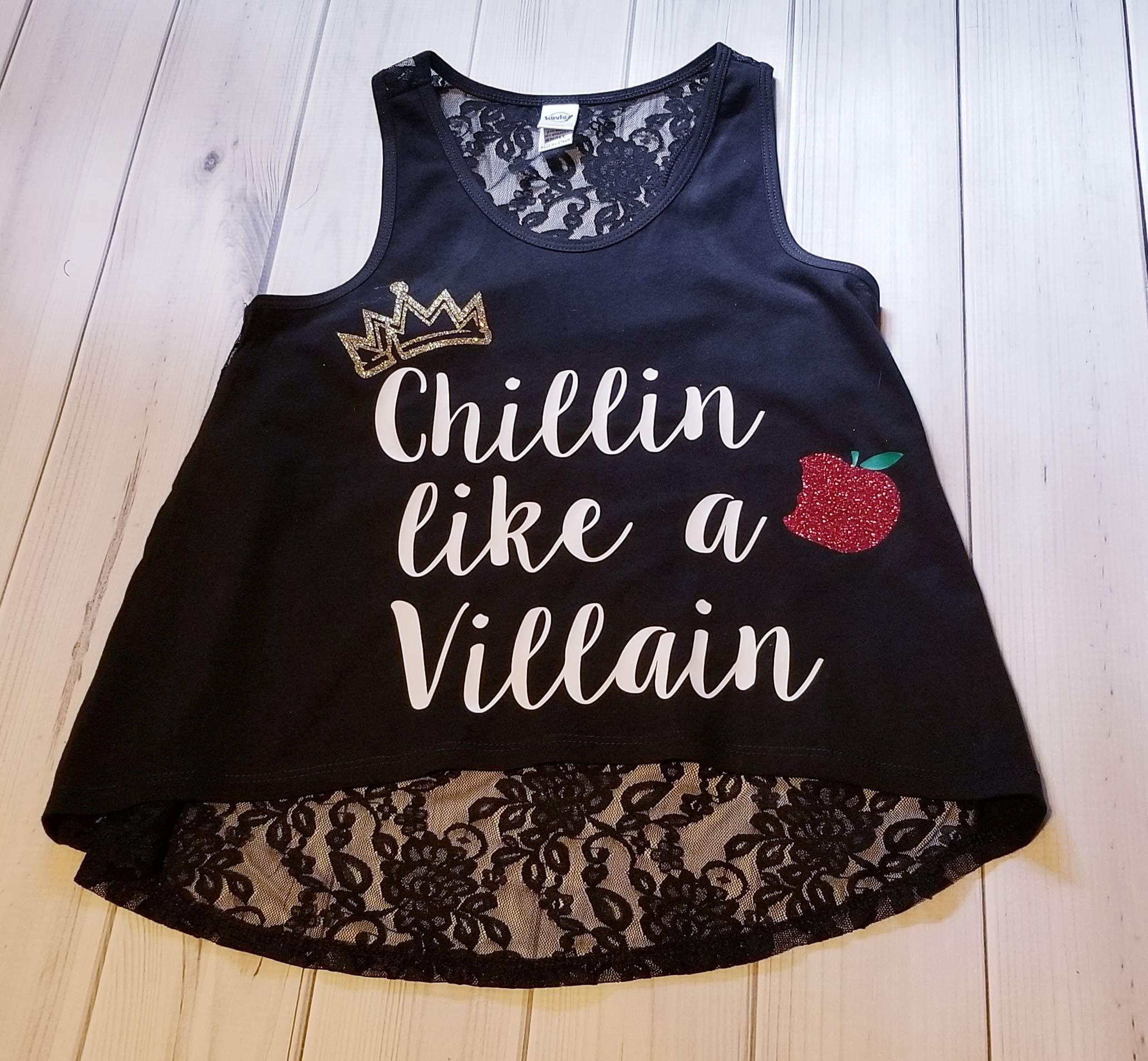Girls Chillin like a Villain Glitter Sparkle Crown Apple Birthday Black Lace Hi Low Tank Top Small Medium Large 7-16