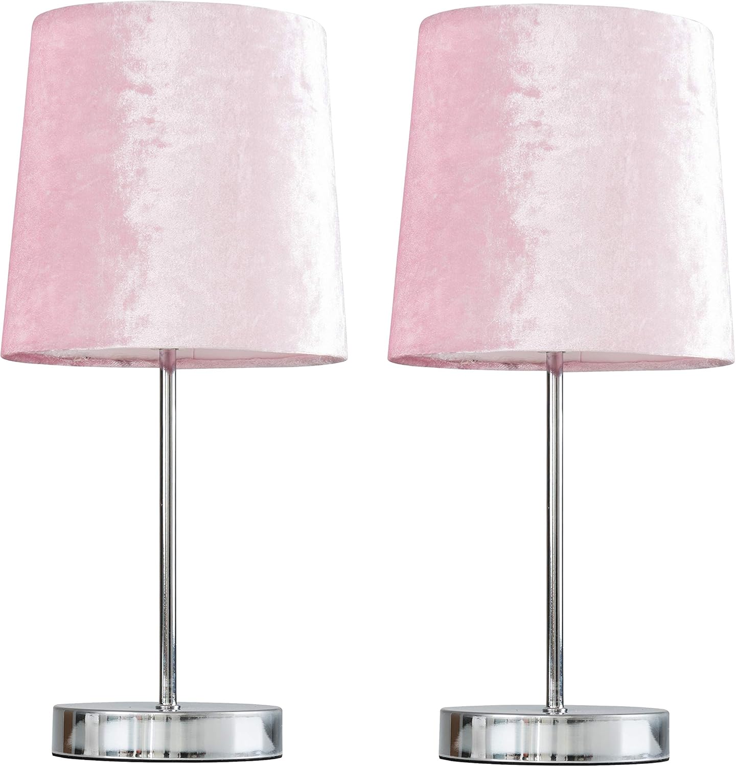 Pair of Modern Polished Chrome Table Lamps with a Pink Velvet Shade
