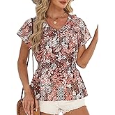 CiCiBird Women's Summer Boho Peplum Blouse Floral Print V Neck Shirt Ruffle Short Sleeve Casual Top Khaki Medium
