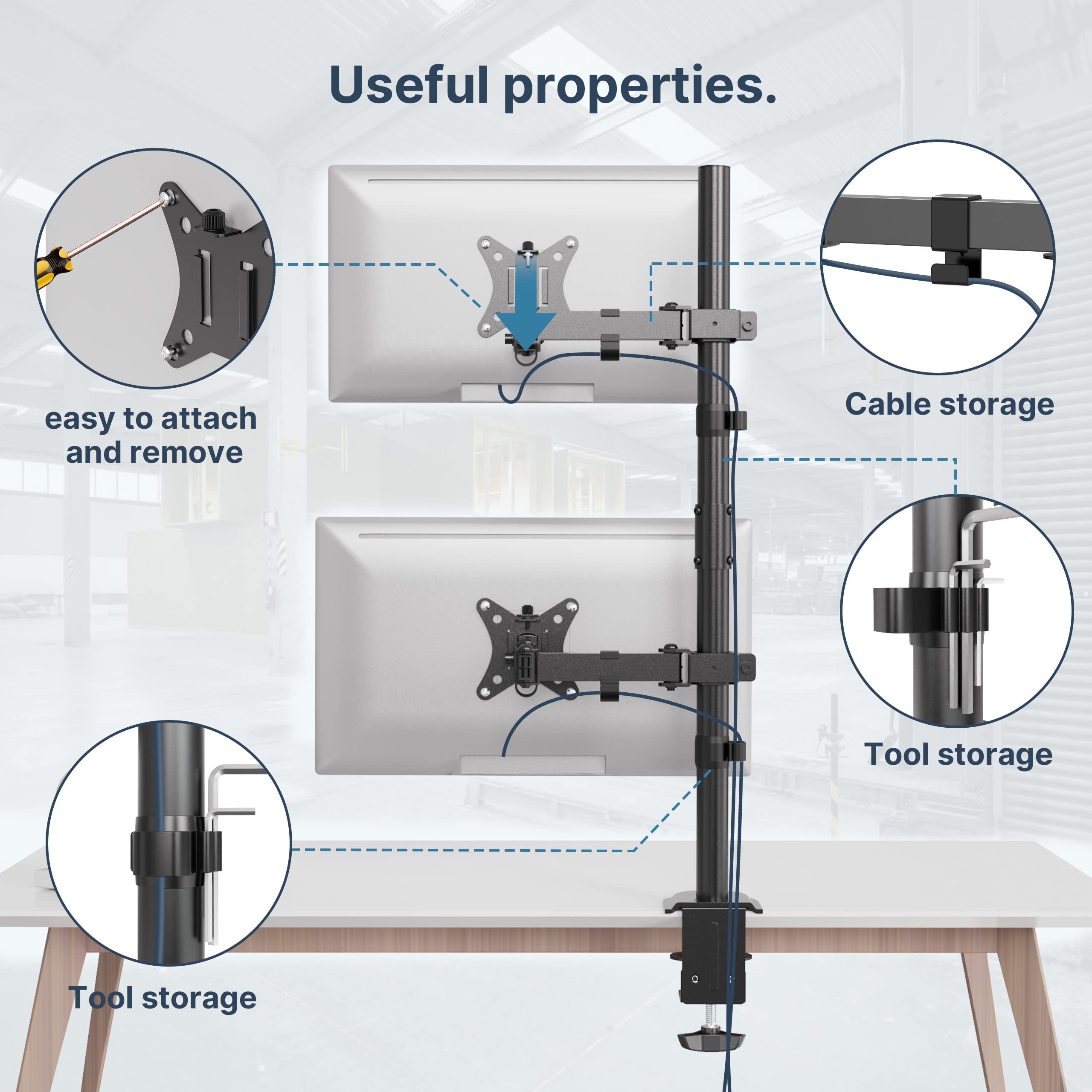 WORLDLIFT Dual monitor Vertical Stacked Desk Mount stand Fits 2 Screens up to 32 inches VESA compatible 75 100 Adjustable Arm Extra Tall Stand-up Pole Grommet C-Clamp Bases Space saving Black
