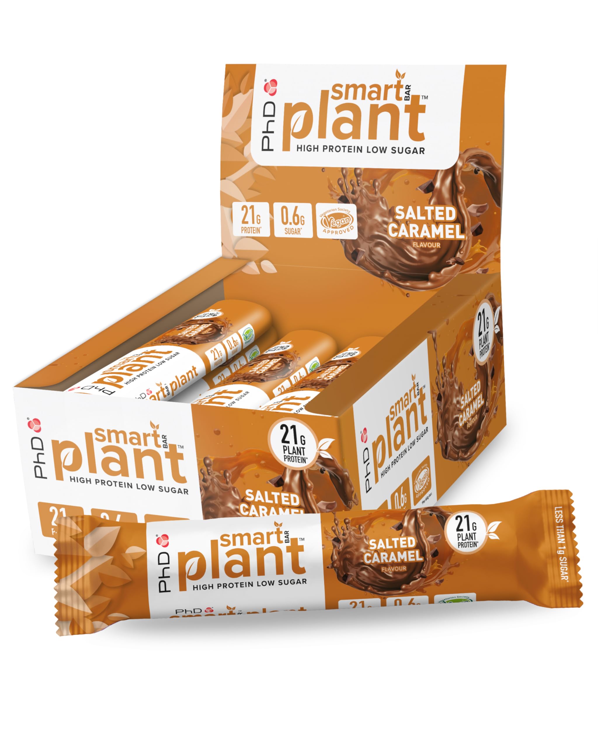 PhD Nutrition Smart Plant Bar Low Calorie, High Protein Low Sugar Vegan Protein Bar/Protein Snacks, Salted Caramel Flavour, 20g of Plant Protein, 64g Bar (12 Pack)