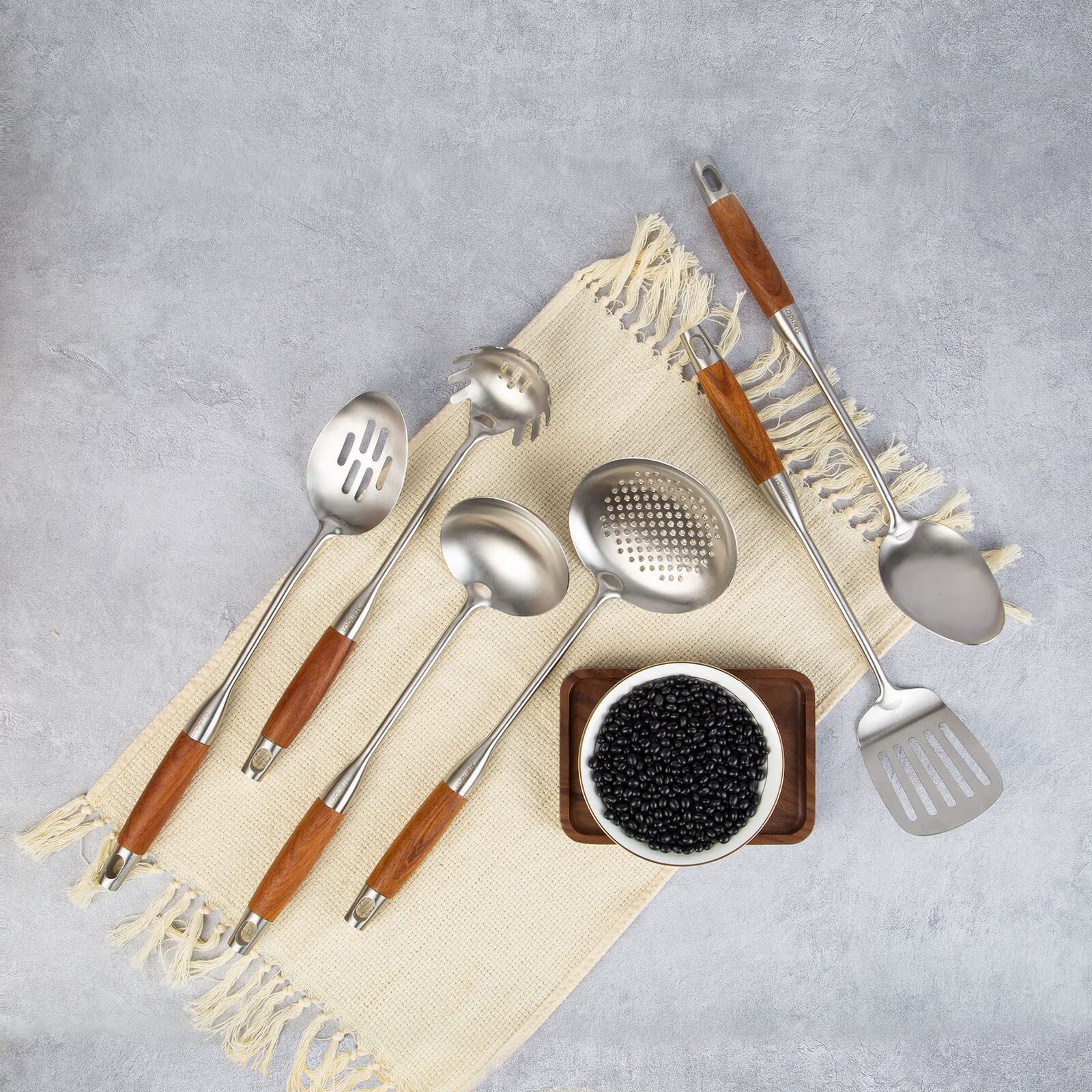18/10 Stainless Steel Kitchen Utensils Set with Wood Handle - 15” Long Metal Cooking Tools - Serving Solid/Slotted Spoon, Tunner, Skimmer, Soup Ladle, Spaghetti Spoon, Large Spoons Set of 6