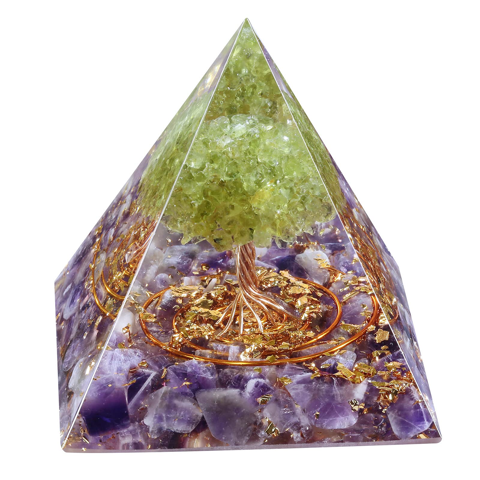 mookaitedecor Amethyst Crystal & Peridot Tree of Life Crystal Pyramid Ornament Table Decoration Reiki Healing Spiritual Crystal Stone Gift for Positive Energy Meditation Tree of Life Decor Gift