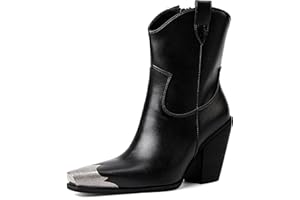 HoanTiai Womens Western Ankle Boots Engraved Metal Toe Cowgirl Booties Stacked Block Heeled Cowboy Boots Fashion Western Party Heeled Shoes