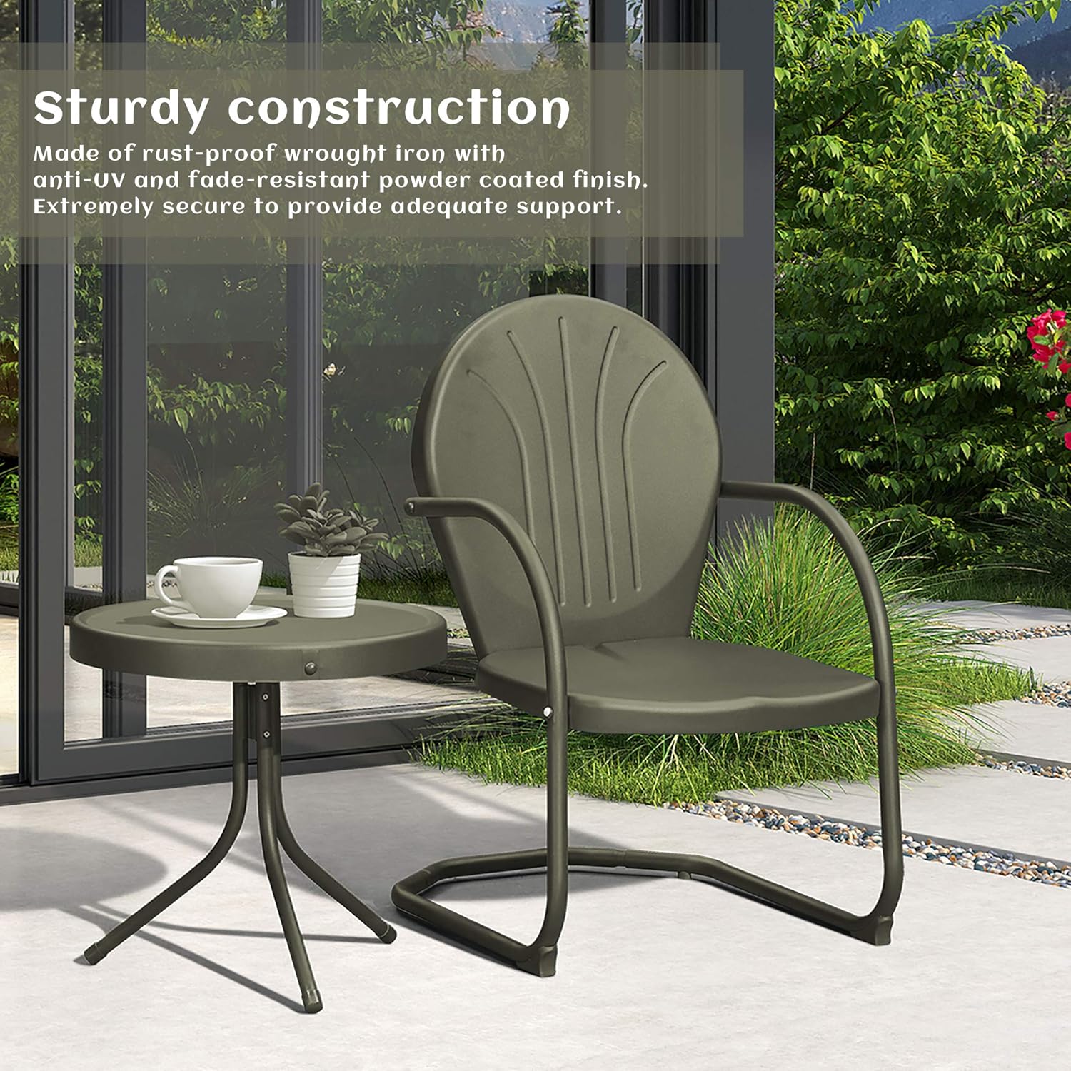 PURPLE LEAF Outdoor Patio Bistro Set, 3 Pieces Retro Porch Furniture Set 2 C-Spring Metal Outdoor Chairs and Round Side Table, Green: Garden & Outdoor