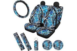 DISNIMO Blue Camo Hunting Forest Car Seat Cover Full Set for Women Men Gifts Universal Front Rear Cover Steering Wheel Covers,Cup Coaster, Keychians, Safety Belt Pads Auto Interior Accessories