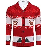 COOFANDY Men's Christmas Cardigans Ugly Xmas Sweaters Reindeer Snowflake Shawl Collar Knitted Cardigan Sweater